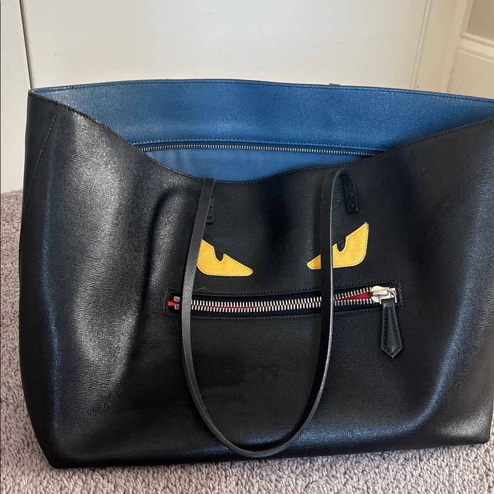 Fendi Black Tote Monster Bag with Yellow Eyes and Blue Lining
